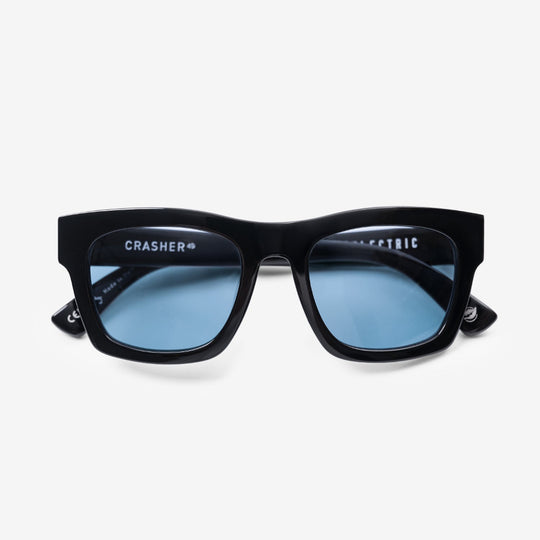 Black sunglasses with blue lenses on a white background
