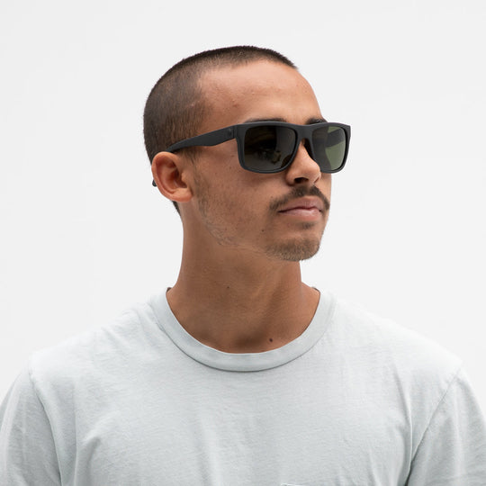 Swingarm Matte Black Sunglasses lightweight heavy-duty with double action hinge Grilamid frame grey or grey polarized lenses. Made in Italy. 